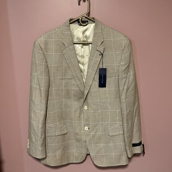 Tommy Hilfiger Tan Plaid Blazer Sport Coat 44R Trim Fit Mens Suit Jacket Riley